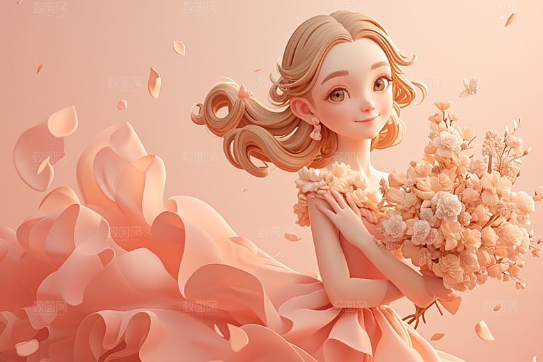 手捧鲜花的少女3D春天素材
