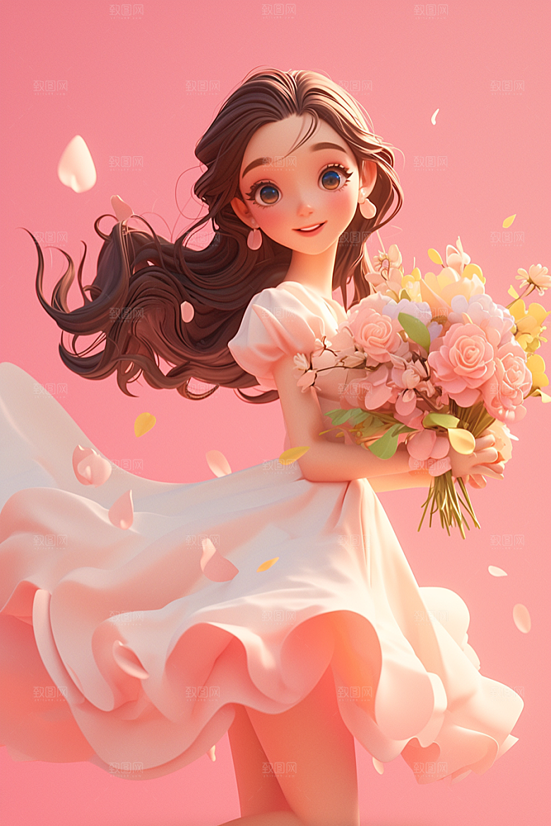 手捧鲜花的少女清新唯美素材