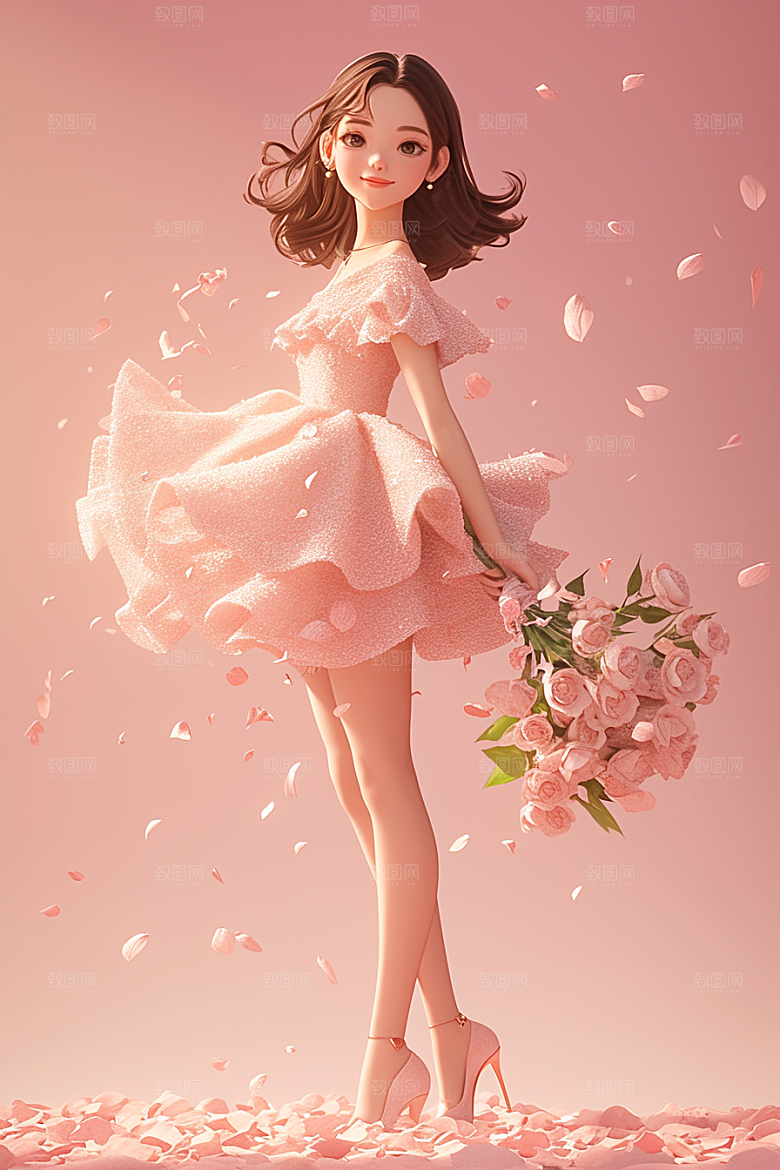 手捧鲜花的少女梦幻人物素材