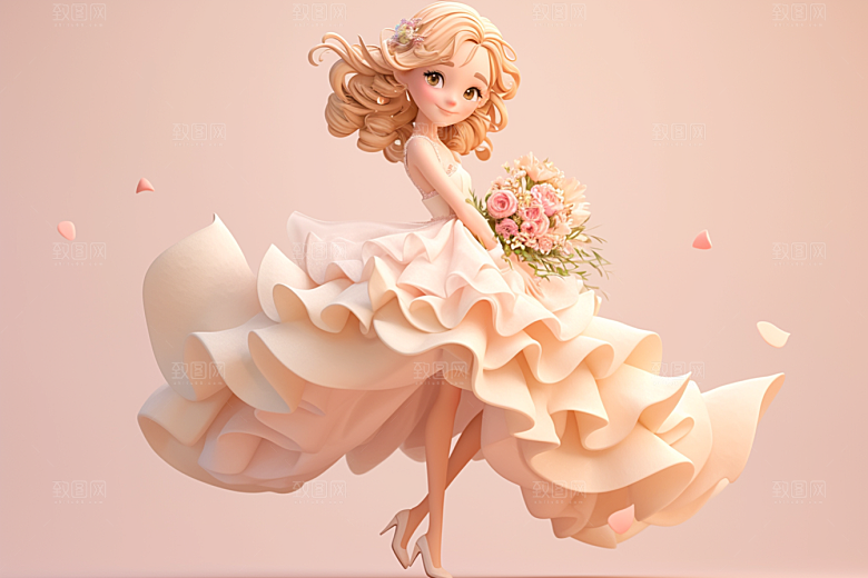 手捧鲜花的少女模型自然素材
