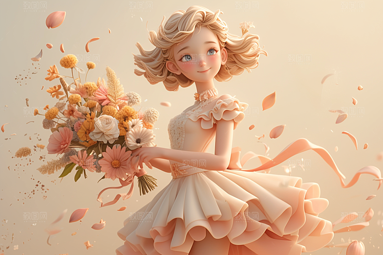 手捧鲜花的少女3D自然素材