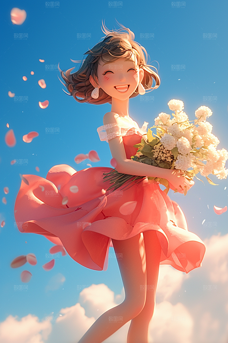 手捧鲜花的少女人物飞舞的裙摆素材