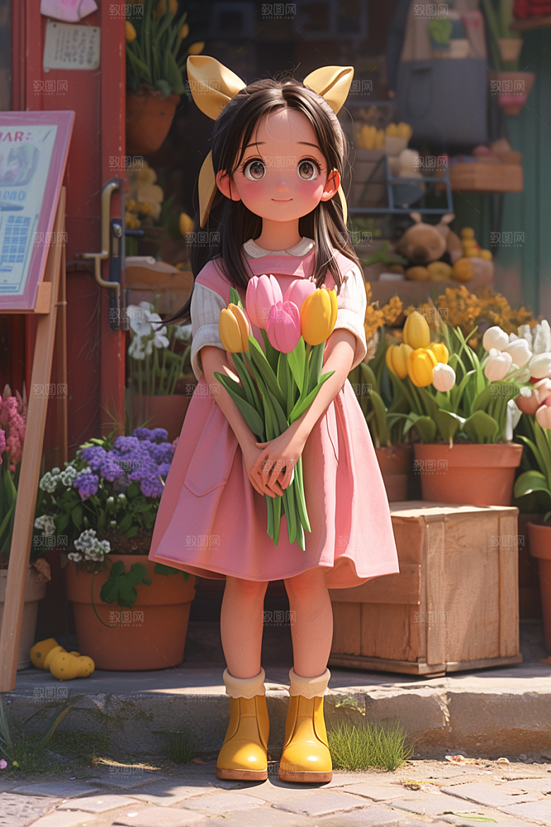 手捧鲜花的少女青春肖像素材