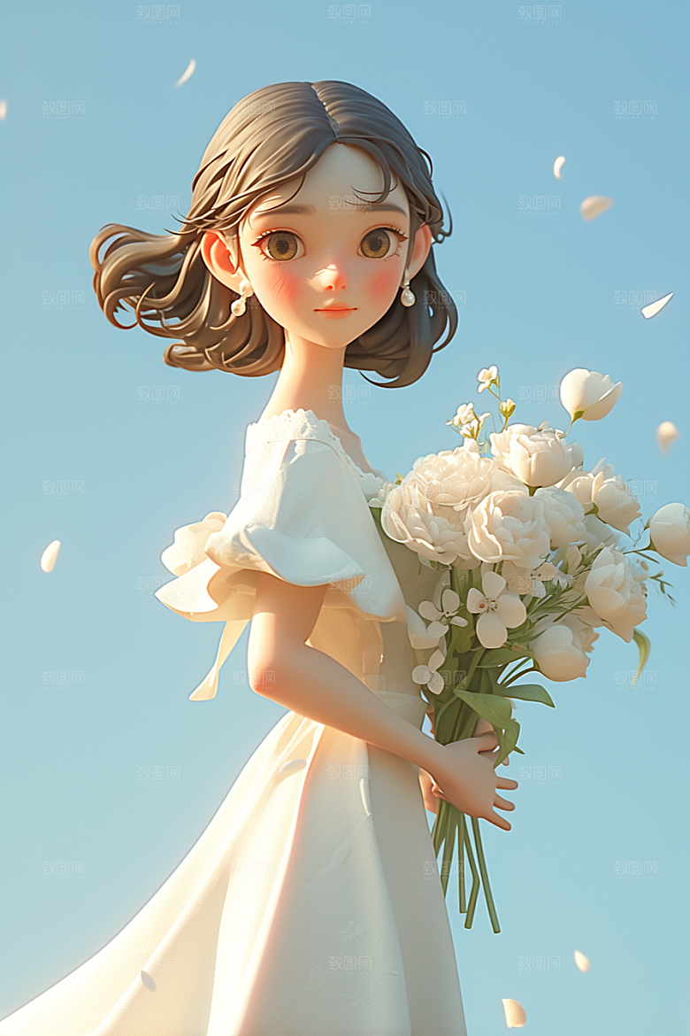 手捧鲜花的少女3D花朵素材