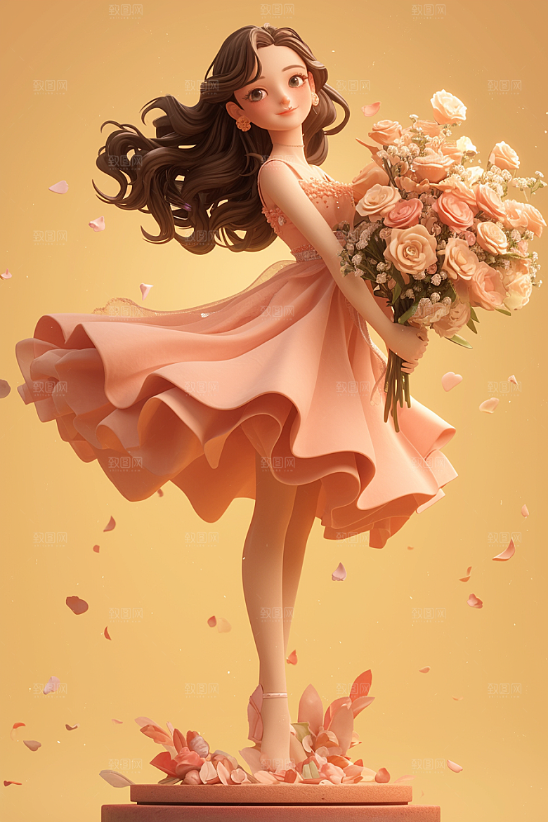手捧鲜花的少女人物立体素材