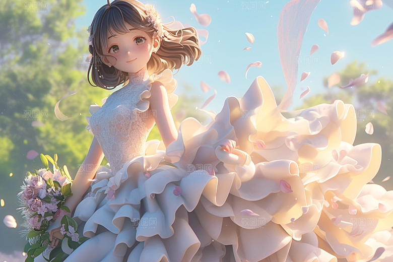 手捧鲜花的少女清新立体素材
