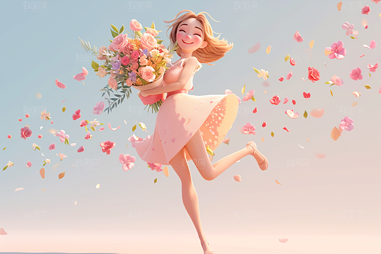 手捧鲜花的少女自然花朵素材