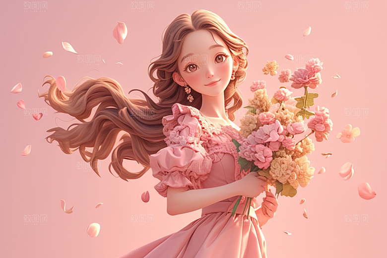 手捧鲜花的少女模型立体素材