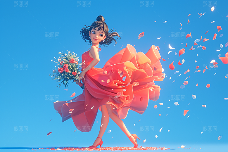手捧鲜花的少女唯美春天素材