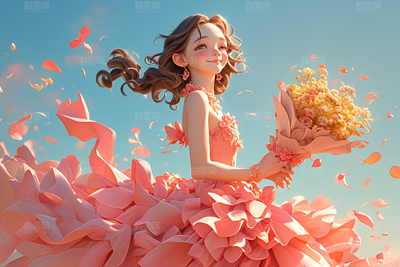 手捧鲜花的少女梦幻人物素材