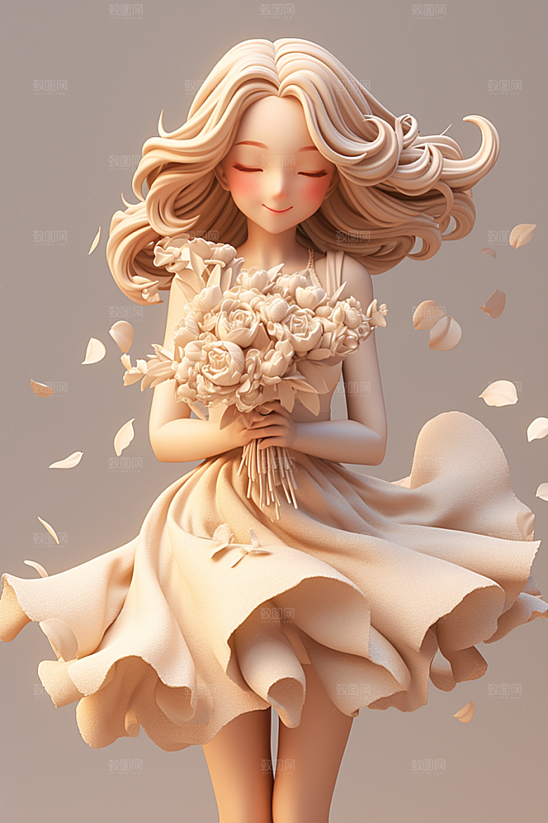 手捧鲜花的少女春天花朵素材