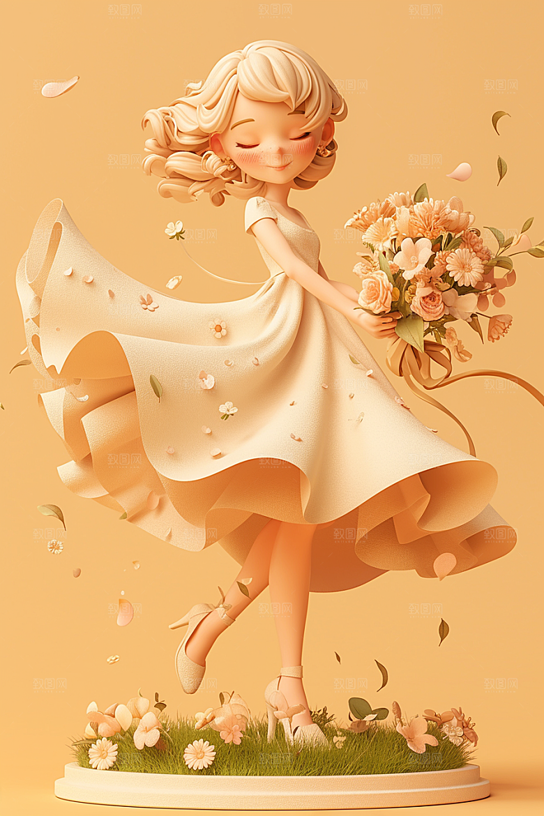 手捧鲜花的少女模型春天素材