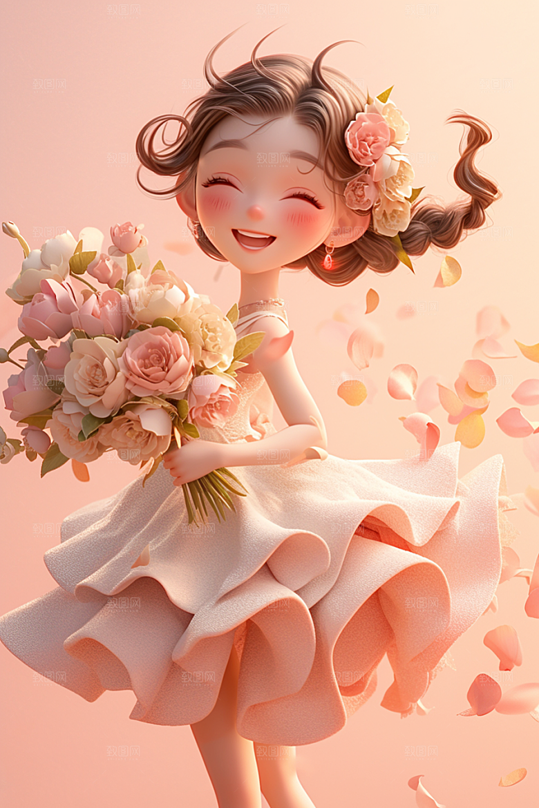 手捧鲜花的少女模型肖像素材