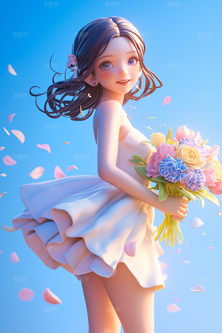 手捧鲜花的少女模型春天素材