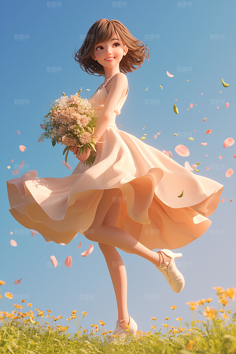 手捧鲜花的少女立体模型素材