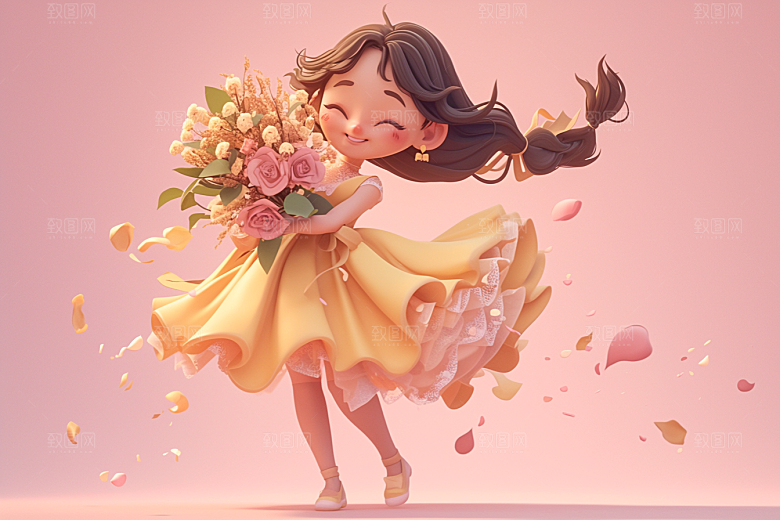 手捧鲜花的少女自然人物素材