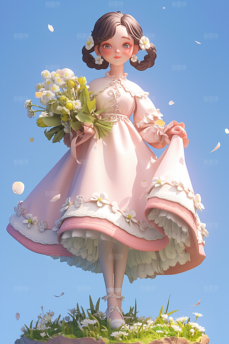 手捧鲜花的少女肖像模型素材