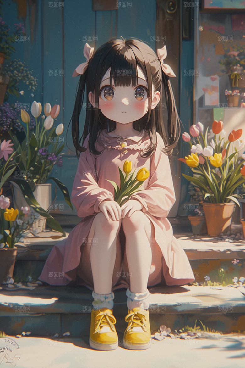 手捧鲜花的少女青春烂漫素材