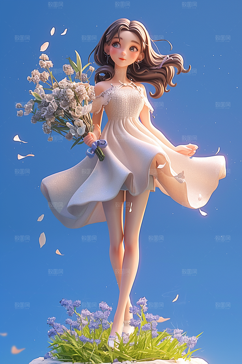手捧鲜花的少女花朵人物素材