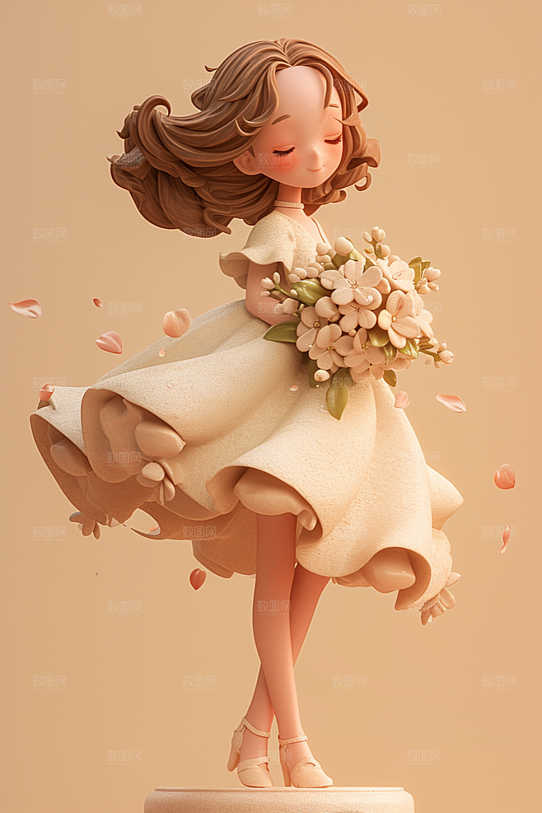 手捧鲜花的少女模型立体素材