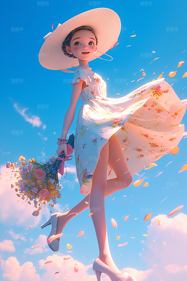 手捧鲜花的少女自然3D素材