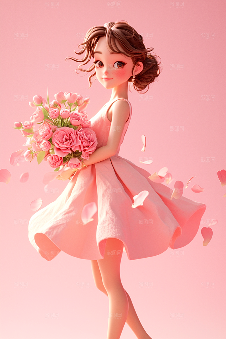 手捧鲜花的少女青春唯美素材