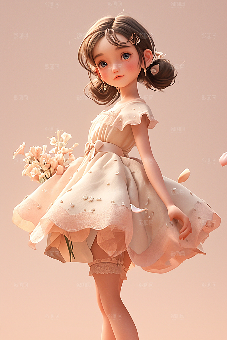 手捧鲜花的少女模型烂漫素材