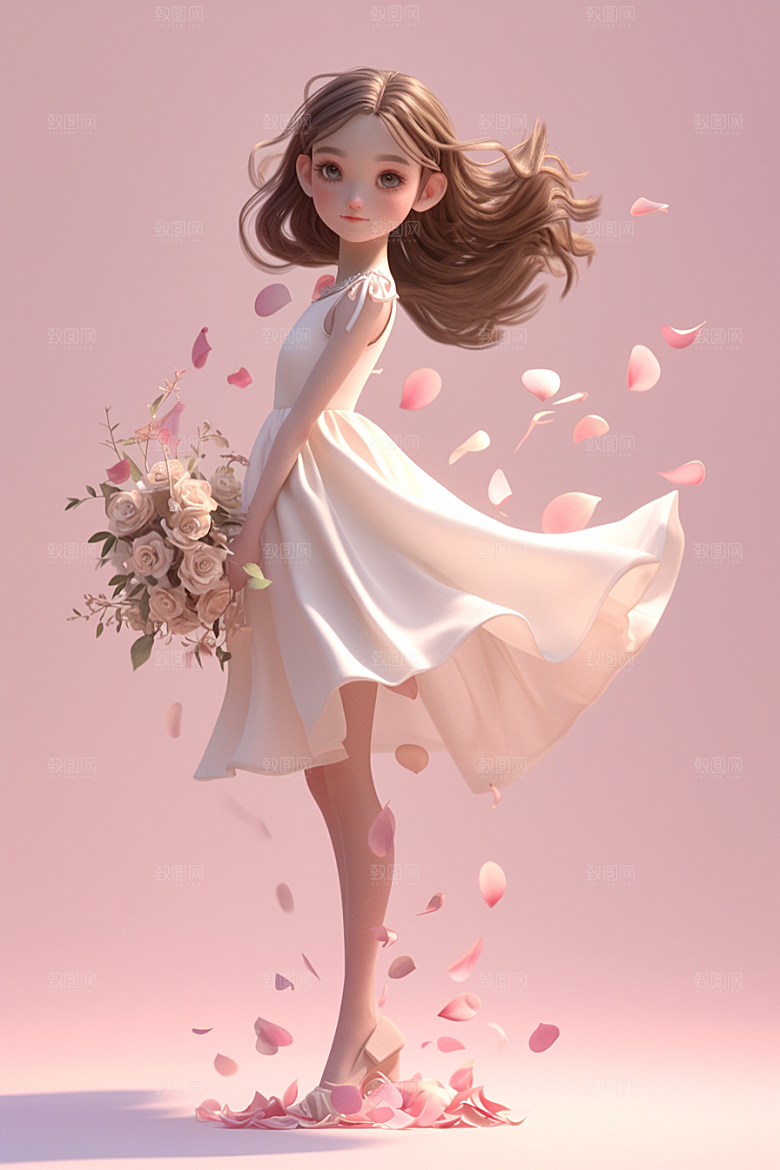 手捧鲜花的少女人物梦幻素材