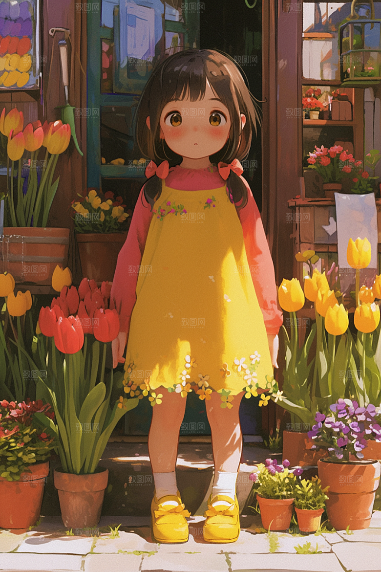 手捧鲜花的少女肖像烂漫素材