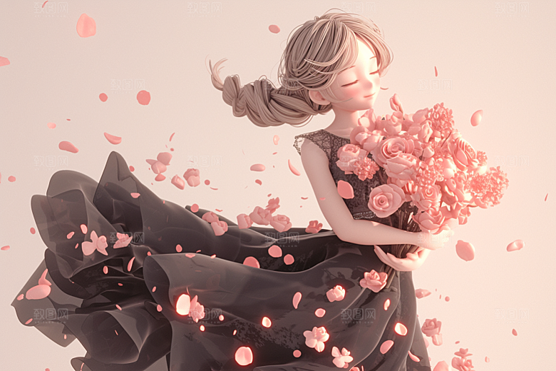 手捧鲜花的少女模型肖像素材