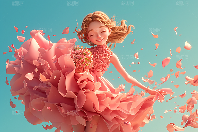 手捧鲜花的少女春天唯美素材