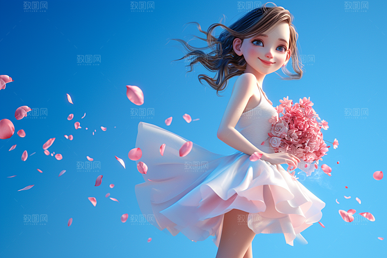手捧鲜花的少女3D青春素材