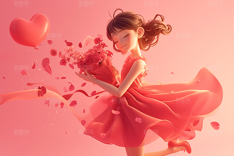 手捧鲜花的少女3D自然素材