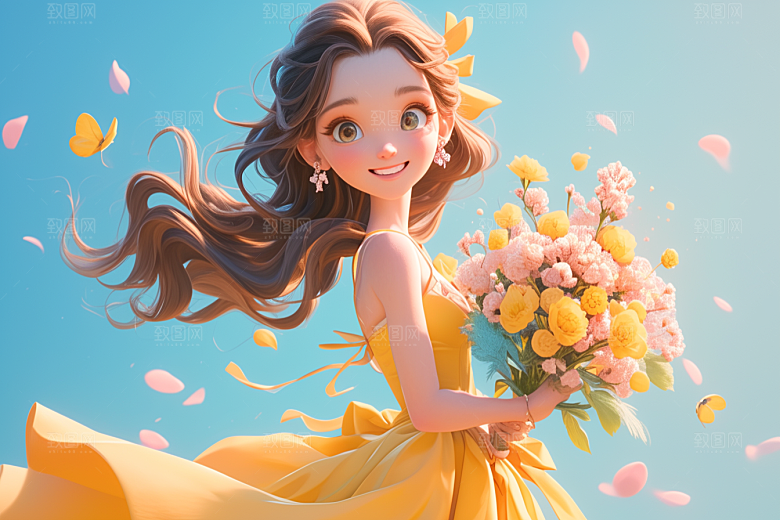 手捧鲜花的少女模型3D素材
