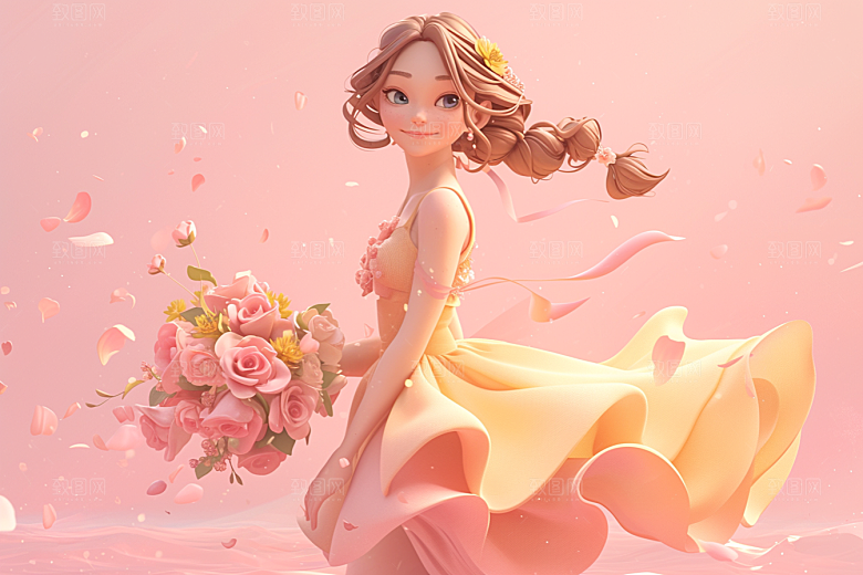 手捧鲜花的少女烂漫梦幻素材