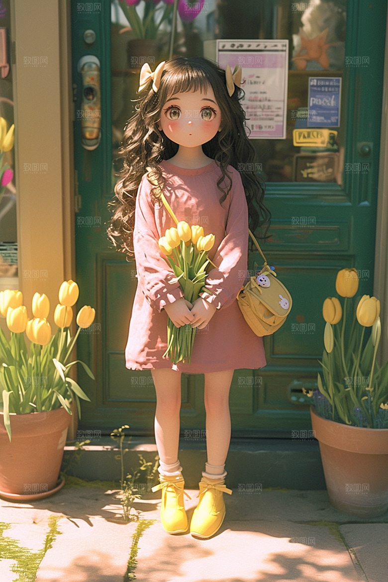 手捧鲜花的少女梦幻唯美素材