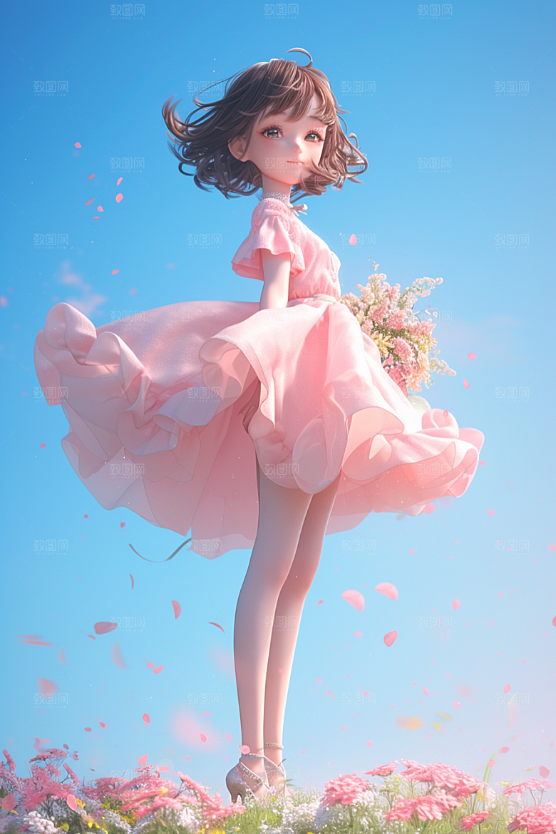 手捧鲜花的少女人物3D素材