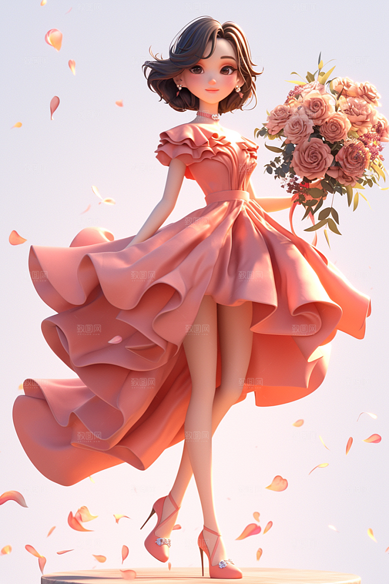 手捧鲜花的少女清新春天素材