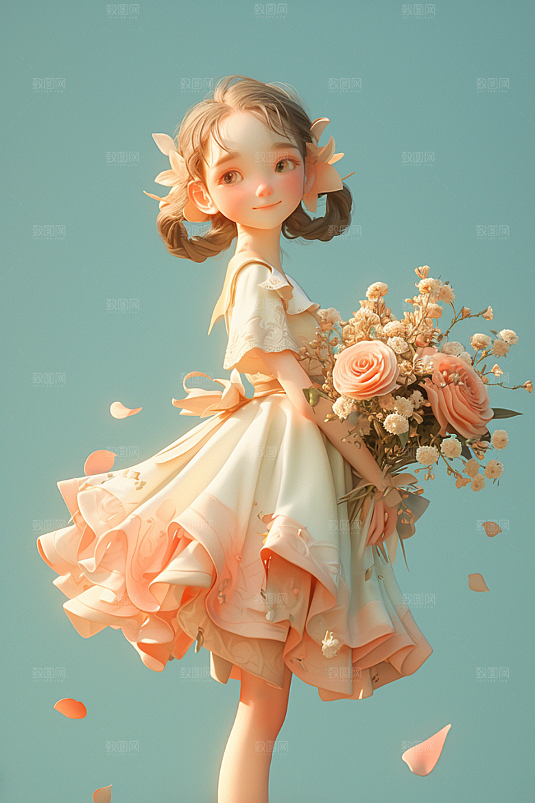 手捧鲜花的少女青春模型素材