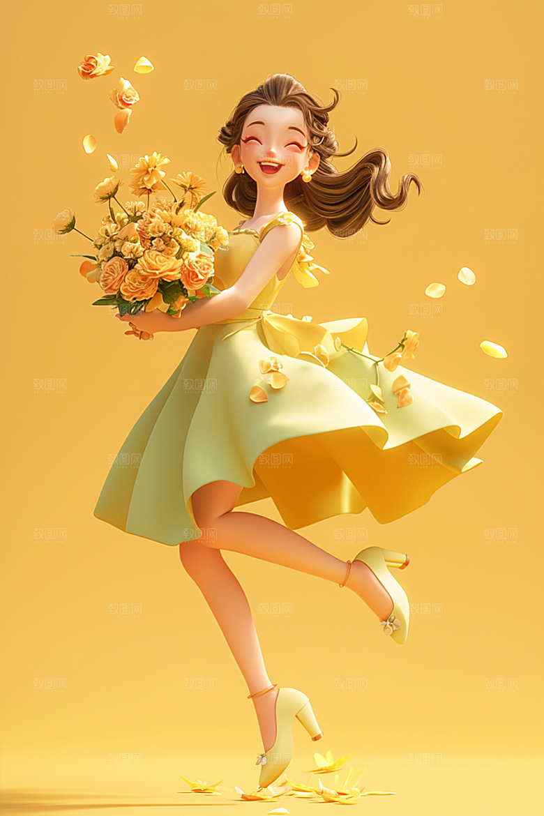 手捧鲜花的少女唯美肖像素材
