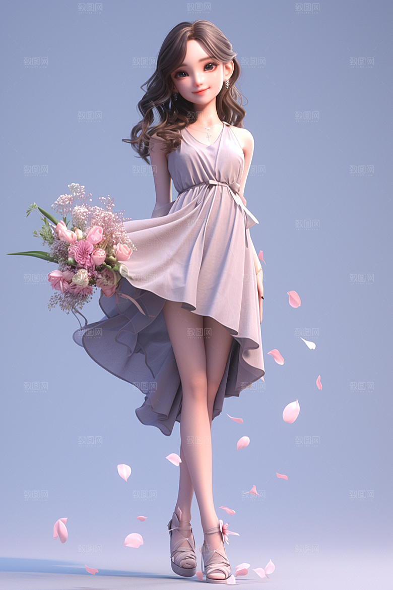 手捧鲜花的少女春天肖像素材