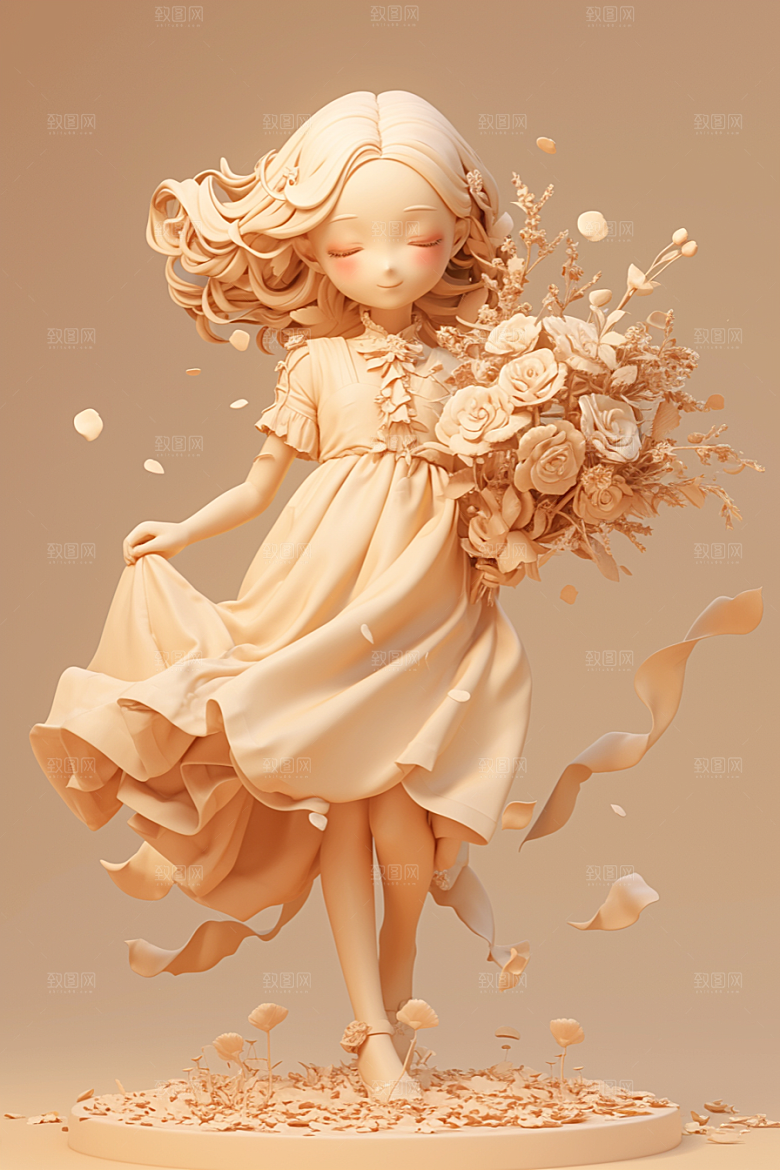 手捧鲜花的少女飞舞的裙摆模型素材