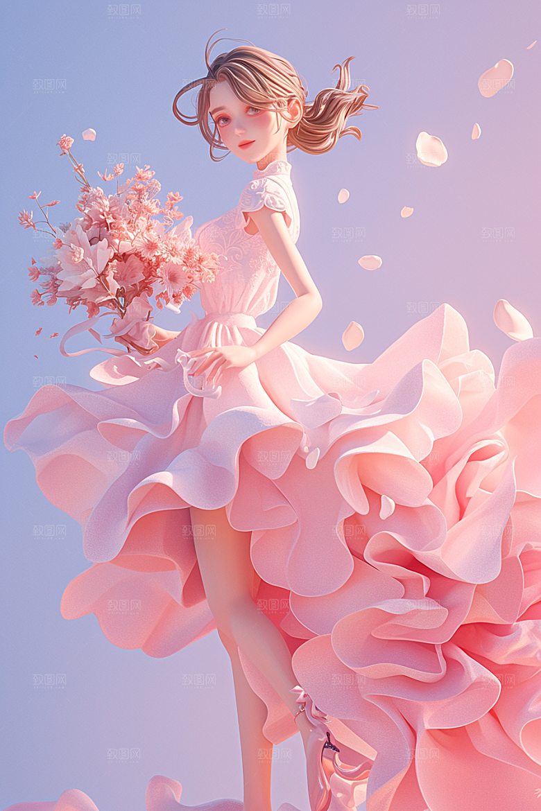 手捧鲜花的少女模型肖像素材