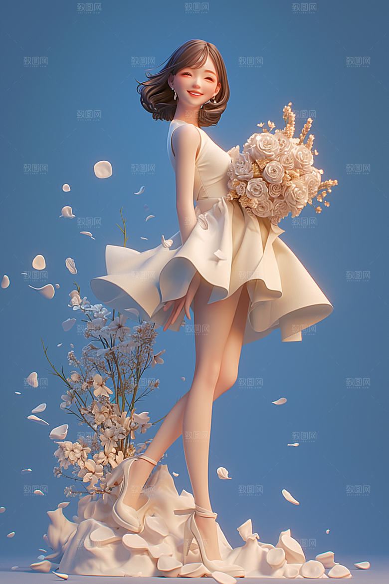 手捧鲜花的少女模型唯美素材