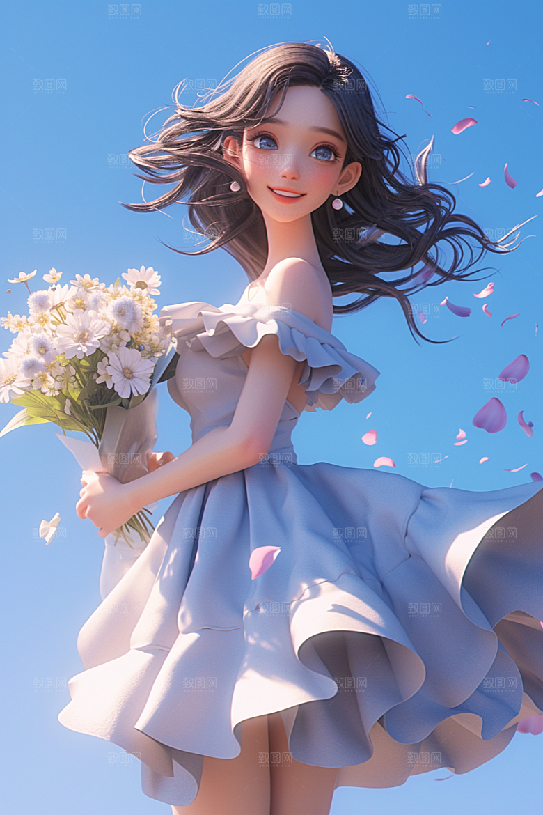 手捧鲜花的少女青春唯美素材