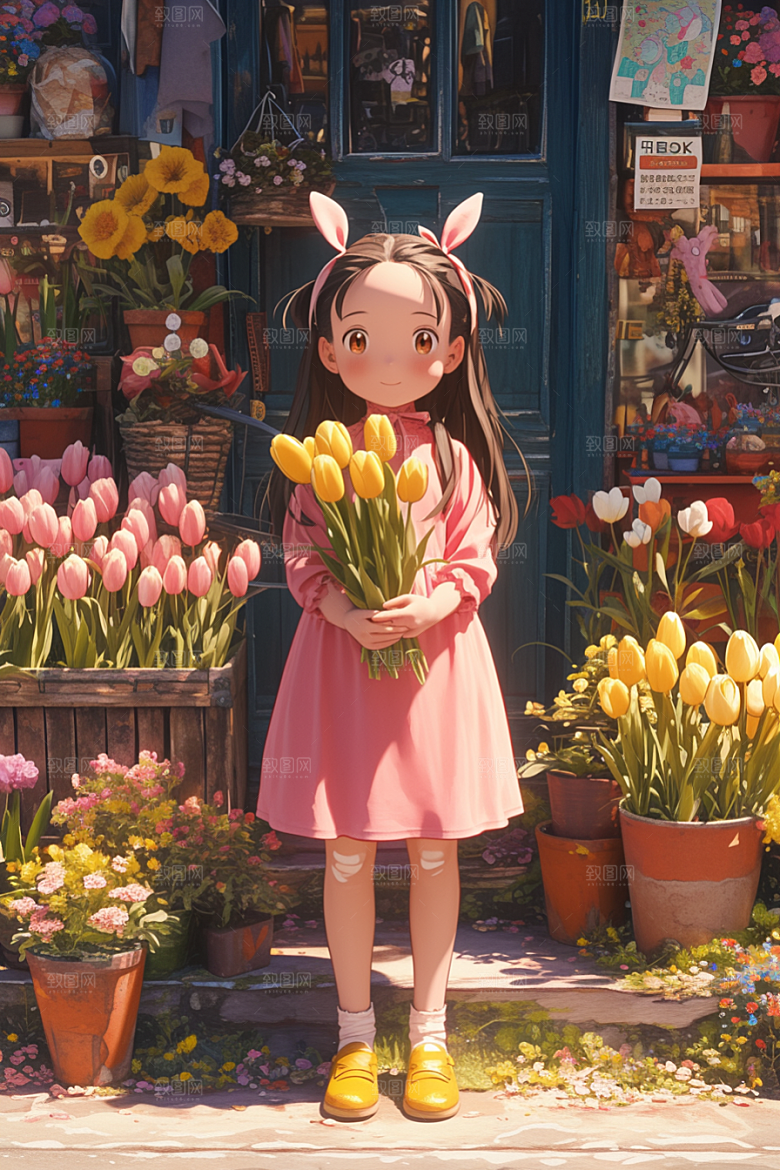 手捧鲜花的少女自然肖像素材
