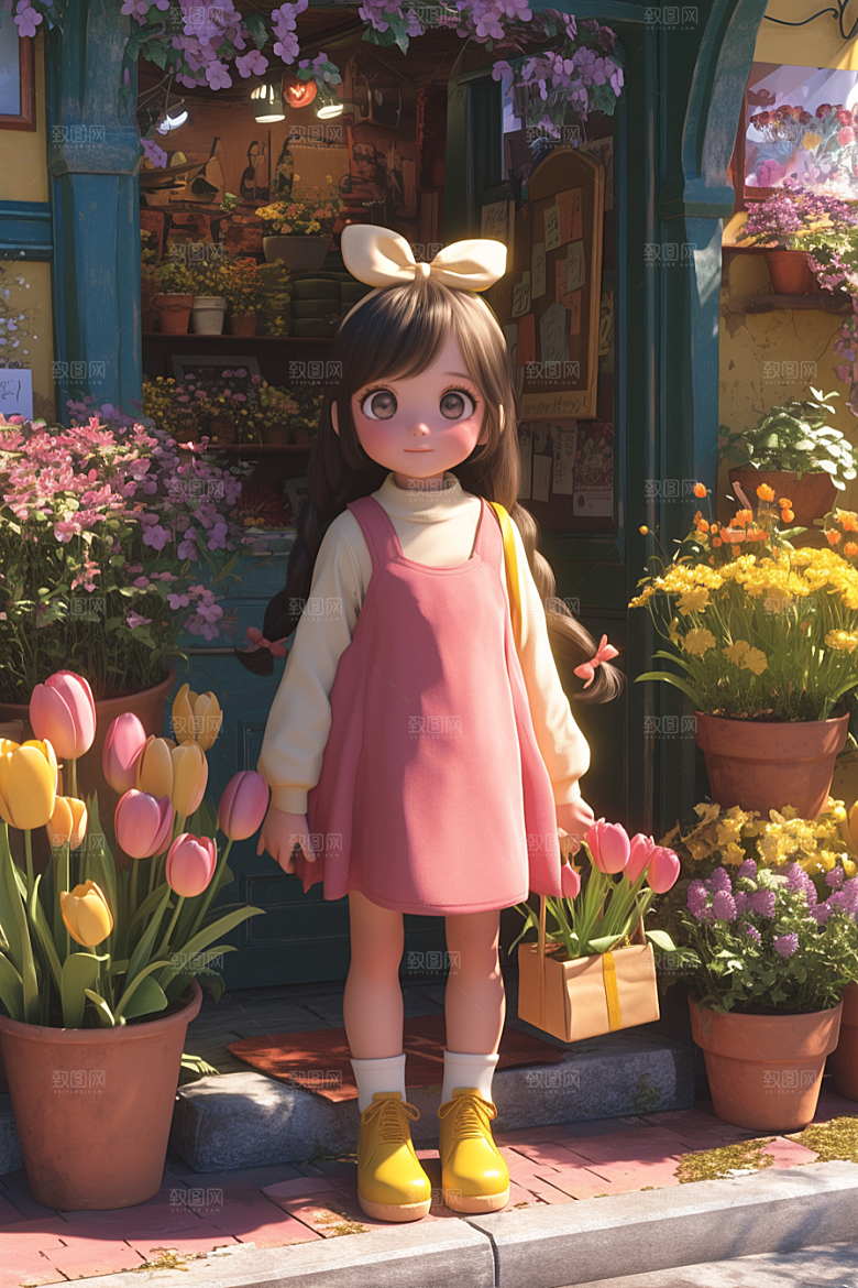 手捧鲜花的少女梦幻3D素材