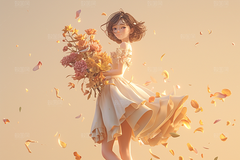 手捧鲜花的少女肖像梦幻素材
