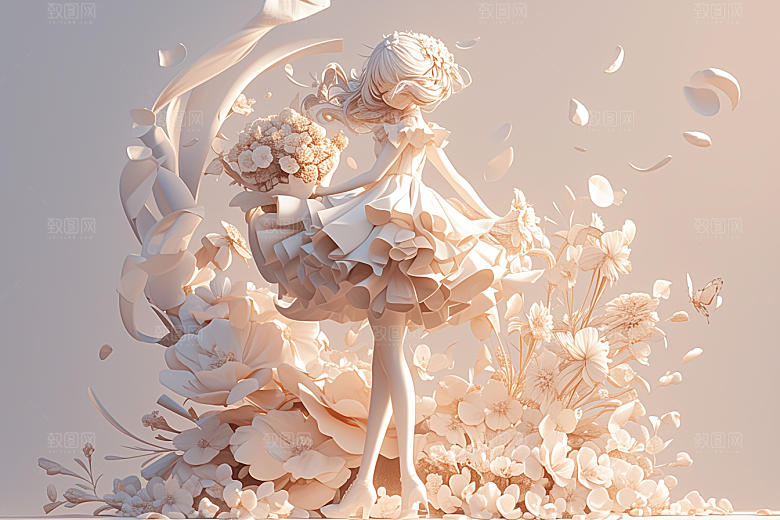 手捧鲜花的少女立体烂漫素材
