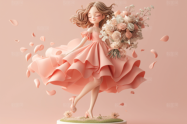 手捧鲜花的少女花朵人物素材
